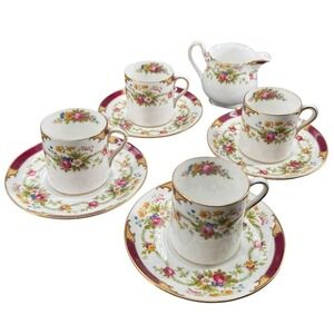 Shelley England Dubarry 13395 Set 4 Cups Saucers,1 Creamer Floral Bone China